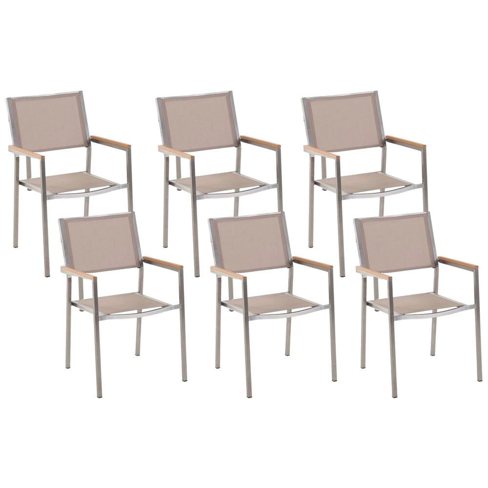 Set di 6 Sedie da Pranzo da Giardino Seduta in Tessuto Beige e Argento Gambe in Acciaio Inox Impilabili per Esterno