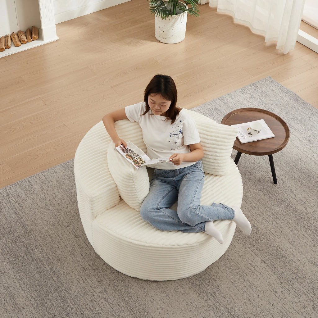POLTRONA tonda 110 cm in velluto a coste beige con 3 cuscini