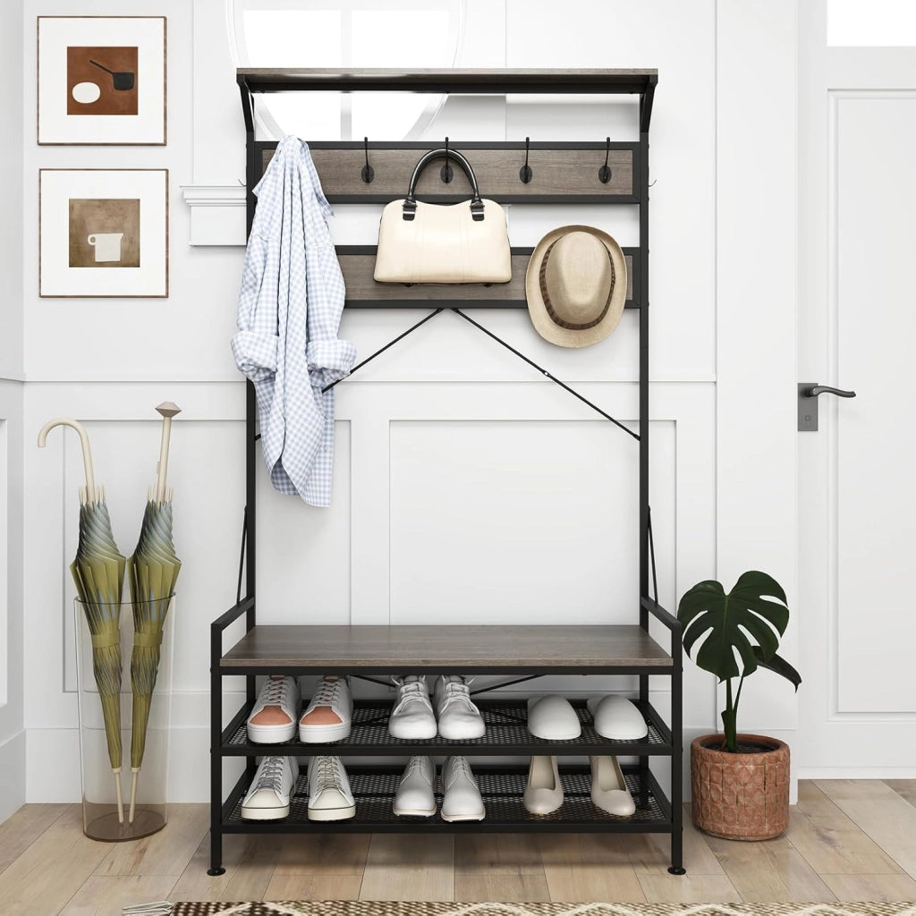 4 in 1 Appendiabiti da Ingresso, Armadio con Panca per Scarpe Scarpiera a 2 Ripiani, Struttura in Metallo e Kit Antivibrazione, 102 x 40 x 184 cm (Grigio)