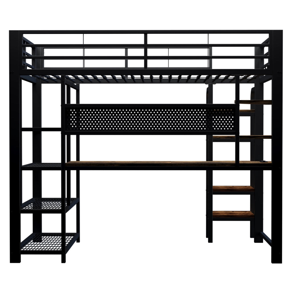Letto a soppalco in metallo 90x200 cm con LED; scrivania; prese integrate e ripiani; nero