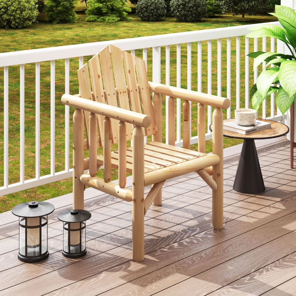 Sedia da pranzo per patio con braccioli e schienale alto inclinato per veranda-Poltrona da esterno in legno cortile giardino Naturale