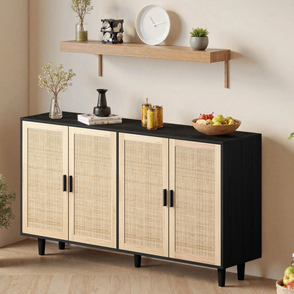 Credenza con 4 ante in rattan 158 x 40 x 88 cm nera