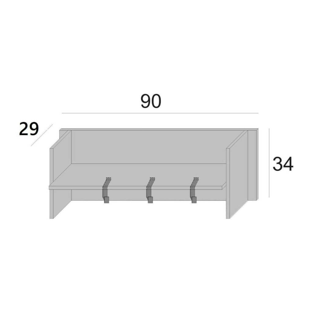 Mobile da ingresso Angry, Mobile appendiabiti con 3 ganci, Mensola portaoggetti da ingresso, Made in Italy, Cm 90x29h34, Bianco e Cemento