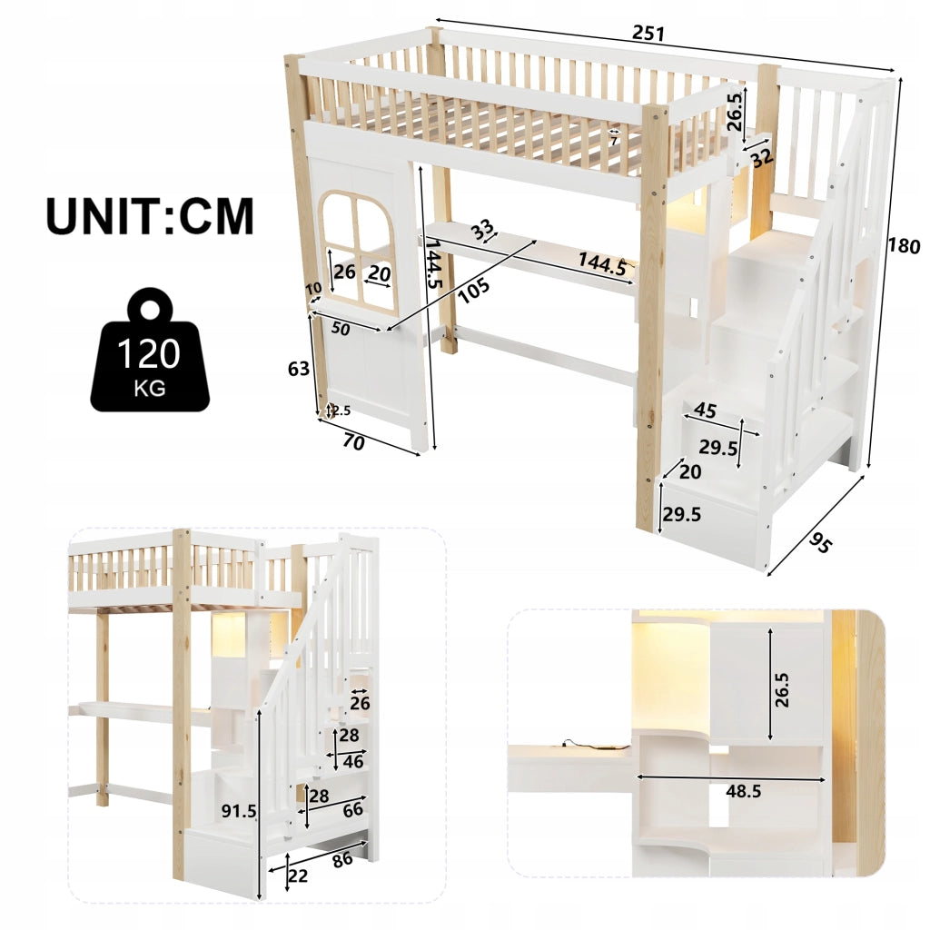 Letto a castello 90x200 LED con scrivania - Xylo - Bianco-marrone