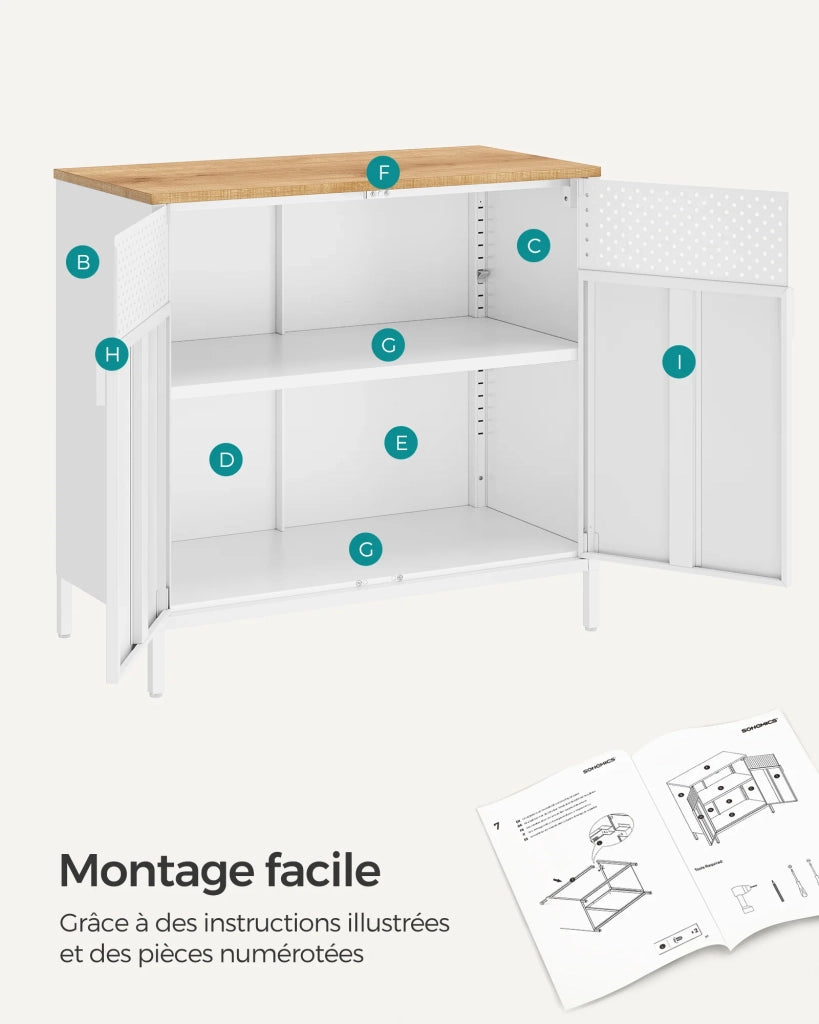 Mobile contenitore/credenza 40 x 80 x 76 cm con doppie ante magnetiche e ripiano regolabile per sala da pranzo soggiorno cucina ingresso struttura in acciaio stile industriale bianco 12_0006434