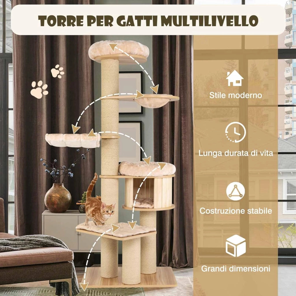 Albero Tiragraffi per Gatti Alto 191 cm, Tiragraffi per Gatti Multistrato con Nicchia in Legno, Trespolo Spazioso, Amaca, Nido, Pali, Tiragraffi e Materassini Lavabili