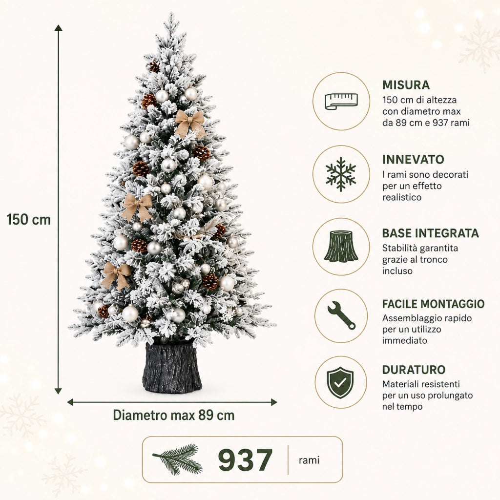 Albero di natale boreale 150 cm innevato folto con base integrata fortunato