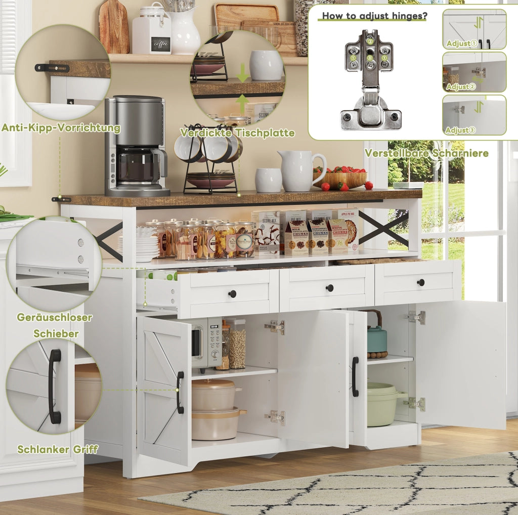 Buffet 140 cm con 3 cassetti; 2 ante e vano aperto; MDF; marrone e bianco