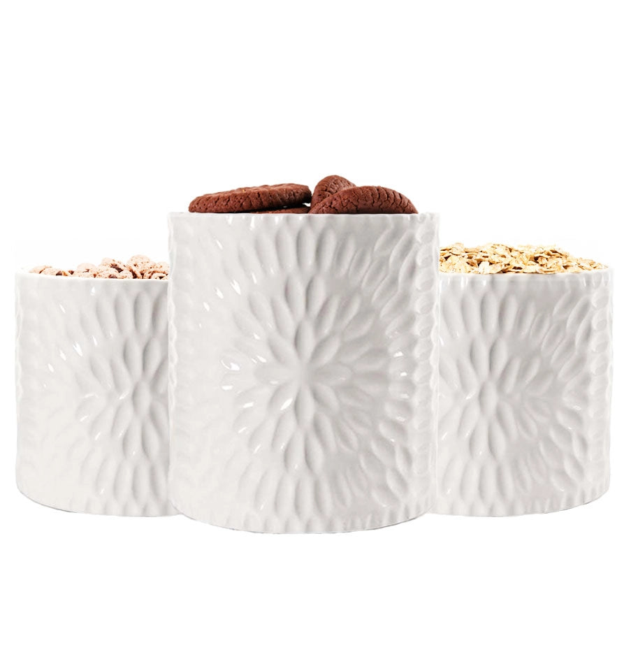 TRIS DI BISCOTTIERE IN CERAMICA CON TAPPO IN LEGNO 2 DA 10X12.5 CM E UNA 13X16 CM BIANCHE