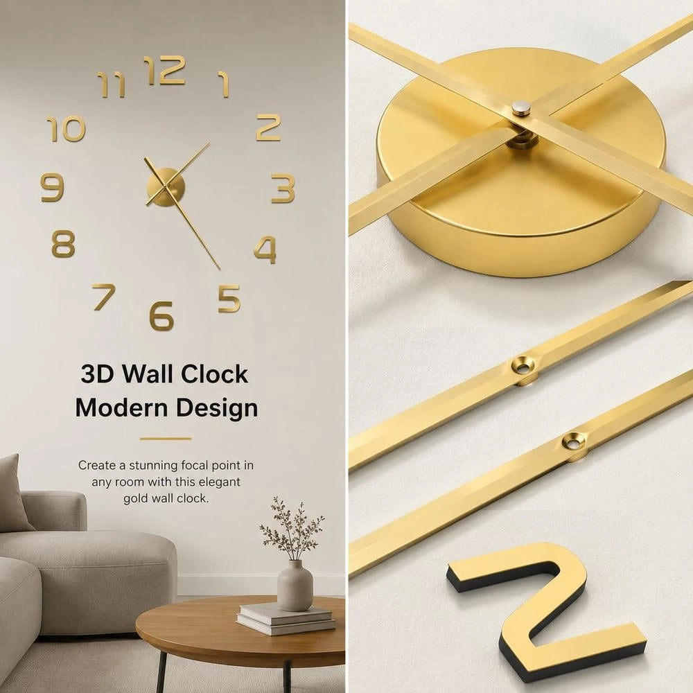3D Wall Clock, Modern Design, 100 Cm XXL, Golden