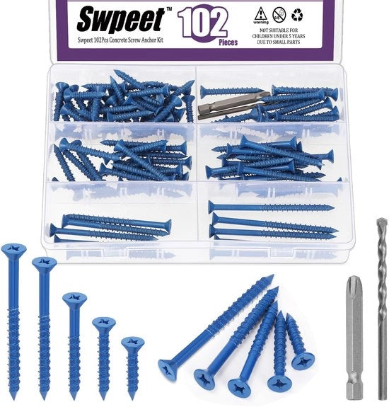 Assortimento kit di anelli di espansione a secco per cemento 102pz 5 misure 3/16" con set di bit e punterello per foratura.