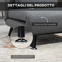 Poltrona Letto con Schienale Regolabile in 5 Posizioni, Tessuto Effetto Lino e Acciaio, 75x70x75 cm, Grigio