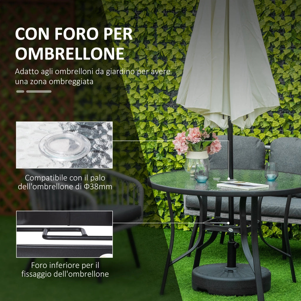EasyComfort Tavolo da Giardino Rotondo con Foro per Ombrellone in Acciaio e Vetro, Ф106.5x71cm, Nero