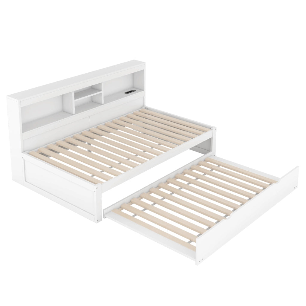 Divano letto daybed 90x200 cm con letto estraibile, LED, USB e presa, vano laterale, bianco
