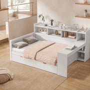 Letto singolo 90x200 cm in truciolato e MDF con USB, 2 cassetti, scrivania integrata e ripiani, bianco