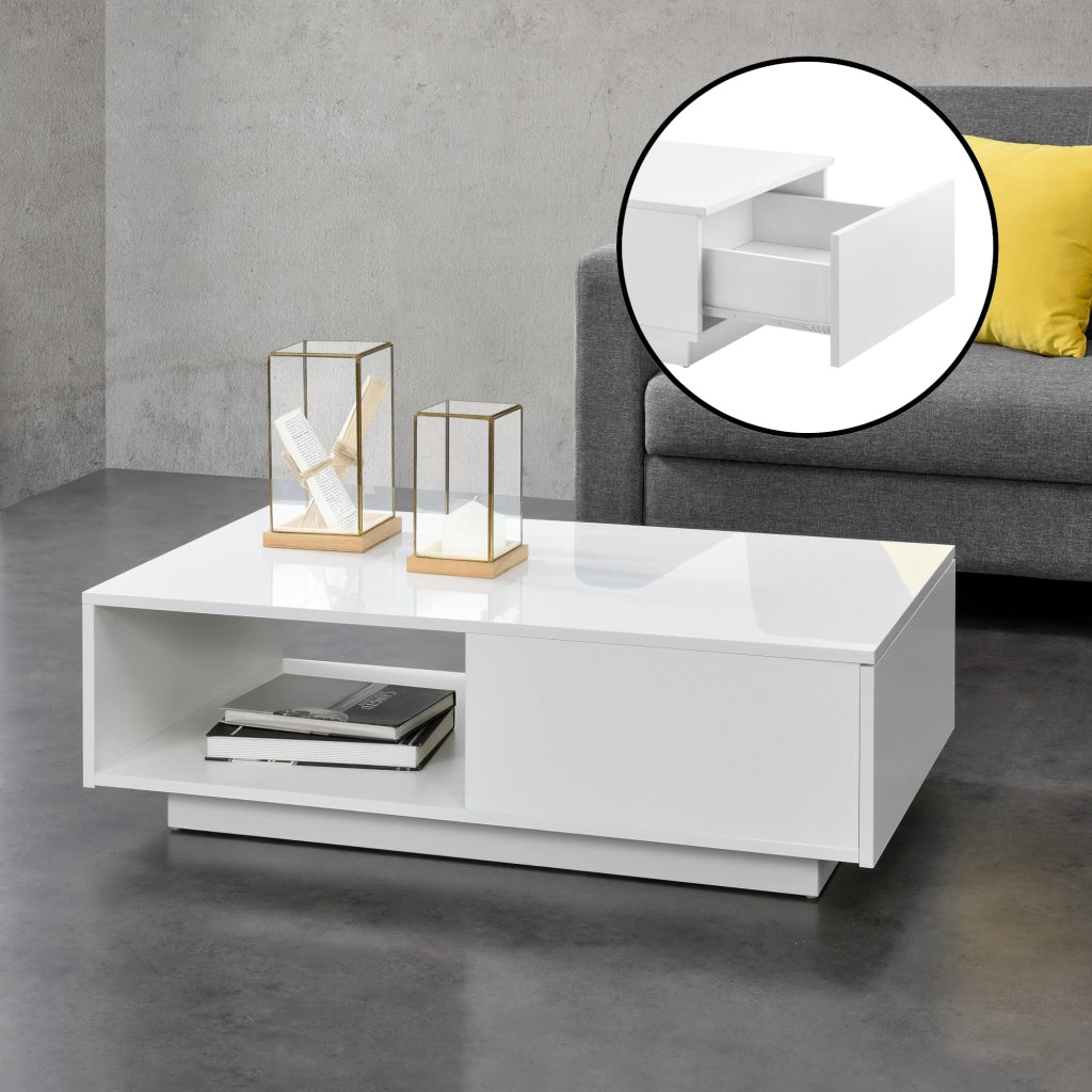 Tavolino da Caffè Biskra con Cassetto e Scomparto Aperto 95 x 55 x 31 cm - Bianco Lucido [en.casa]