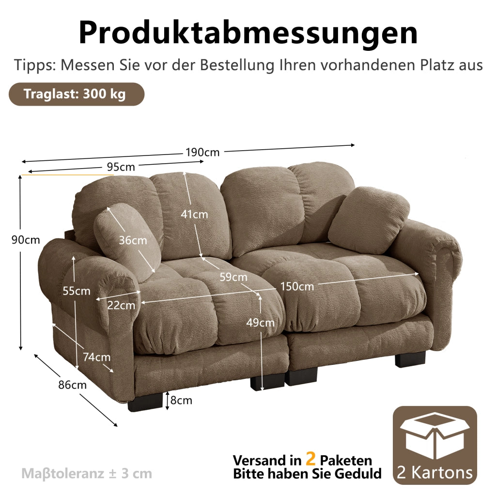 Divano a 2 posti modulare in ciniglia con cuscini trapuntati e schienale ergonomico marrone 190 × 86 × 90 cm