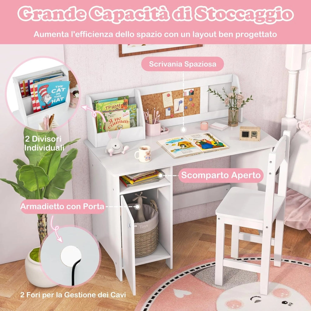 Scrivania per Bambini con Sedia, Set Tavolo e Sedia con Lavagna, Pennarello, Armadietto e Bacheca, Postazione Computer per Studenti e Tavolo da Scrittura per 3+ Anni (Bianco)