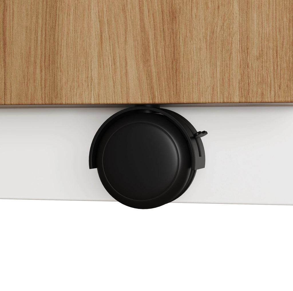 Scrivania pieghevole girevole 120x50x78 cm con 2 ante e 3 cassetti; bianco e rovere; in truciolare