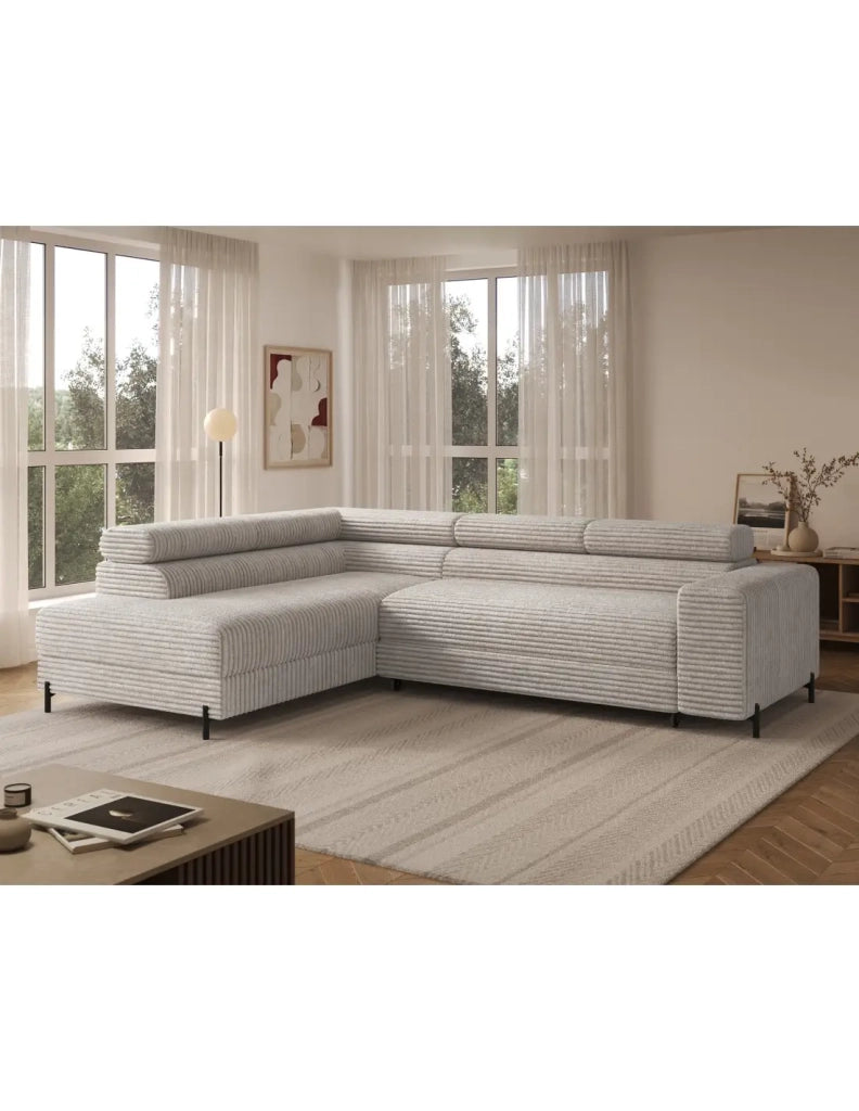 Divano angolare COLESIA convertibile 5 posti bianco crema in velluto a coste – sinistro – 274x200cm