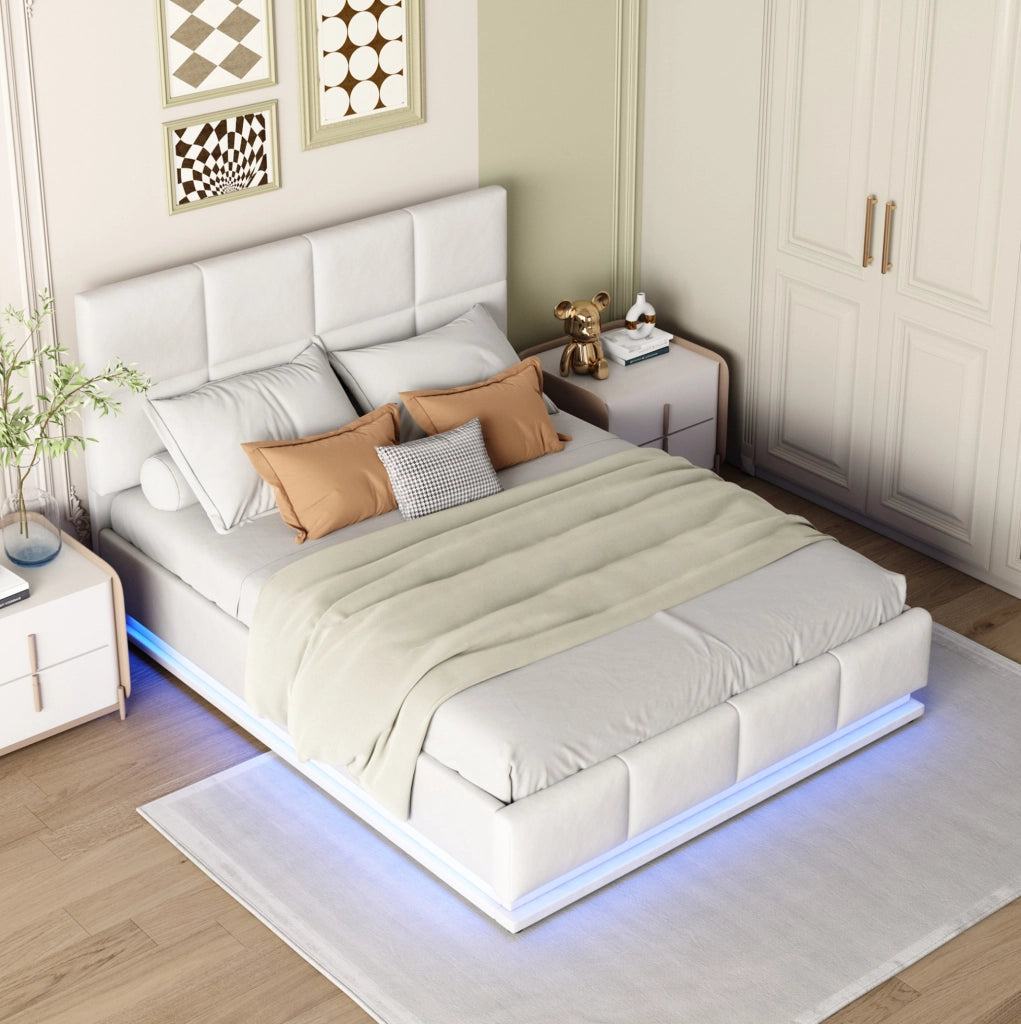 Letto matrimoniale imbottito 140x200 cm con LED, contenitore idraulico e rete a doghe