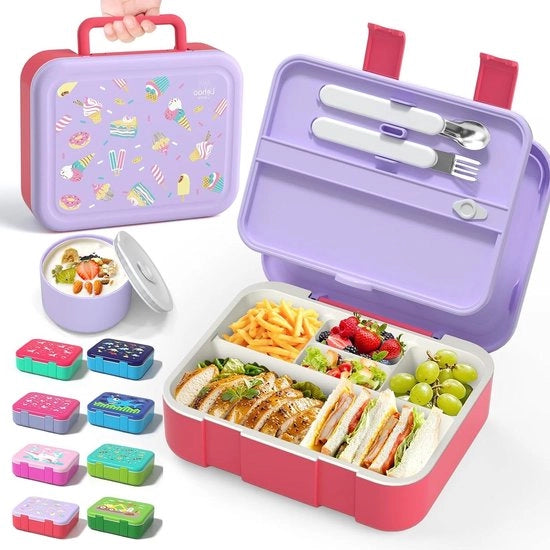 Bento per Bambini con 5 Compartimenti - 1,25L Capacità - Incluso Cucchiaio & Forchetta & Cucchiaio per Salsa - Ideale per Scuola e Picnic