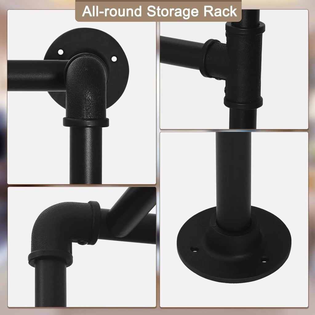 Appendiabiti Industriale, Guardaroba Aperto da Parete con Ripiano in Legno, Cabina Armadio Componibile in Tubi d’Acciaio, Nero + Marrone Vintage