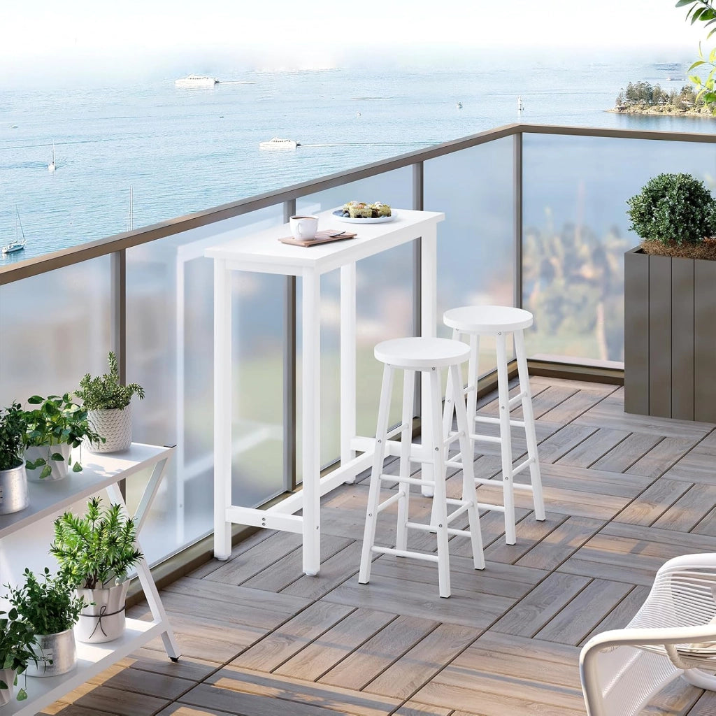 Tavolo Alto con 2 Sgabelli, Set Pranzo per Cucina, Sala da Pranzo, Isola da Cucina, Sgabelli Rotondi, Struttura in Metallo, Design Industriale, Bianco