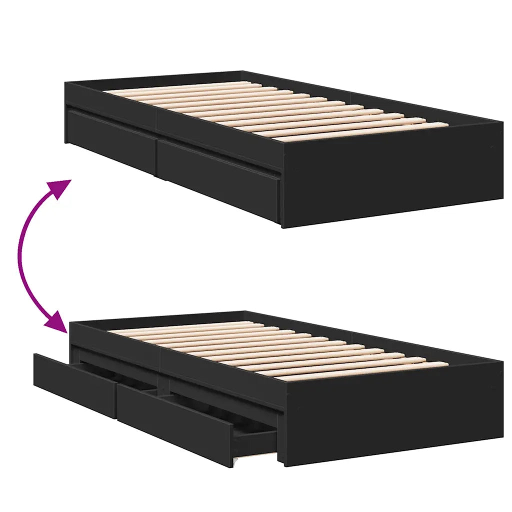 Letto singolo | Letto per adulti | Giroletto con Cassetti Nero 75x190 cm in Legno Multistrato