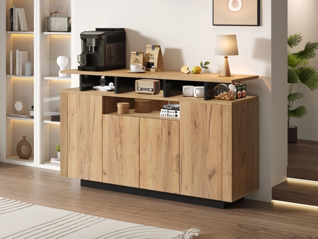 Credenza con 4 ante e 3 vani aperti, colore naturale