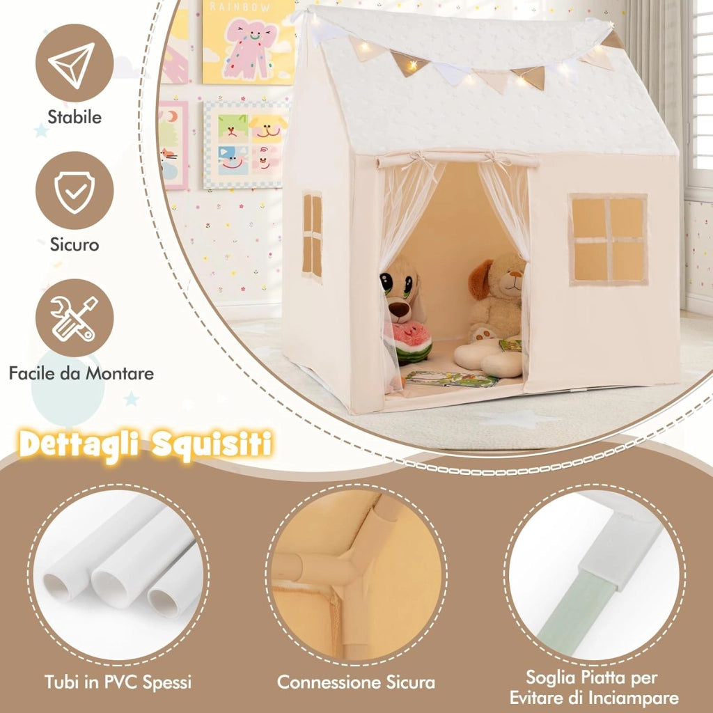 Tenda Casetta per Bambini con Tetto Stellato Luminoso nel Buio, Tenda per Bambini con Luci e Bandierine, Tenda da Gioco con Porta, 2 Finestre e Tappetino, per Interno ed Esterno (Beige)