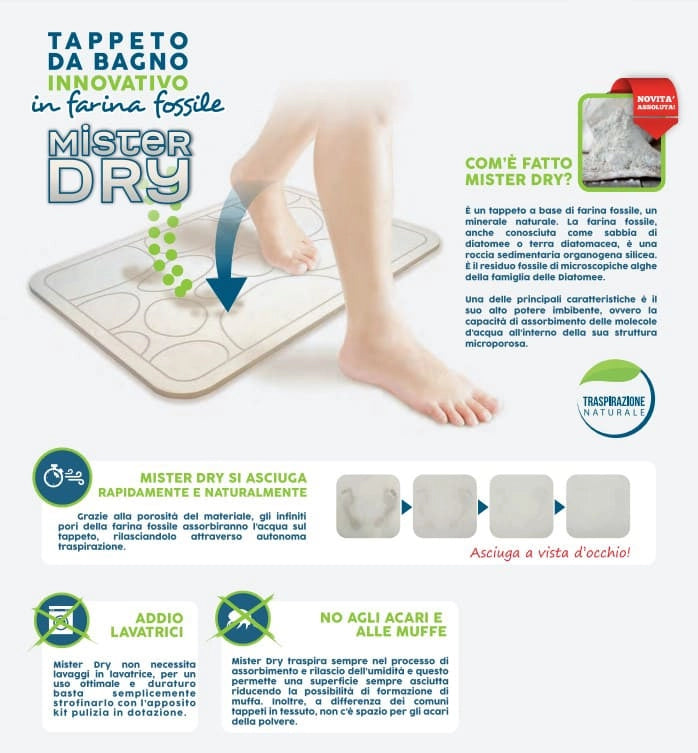 Tappeto da bagno rigido Mister Dry in farina fossile super assorbente asciugatura rapida traspirante anti acari uso interno 60x39 cm Mister Dry