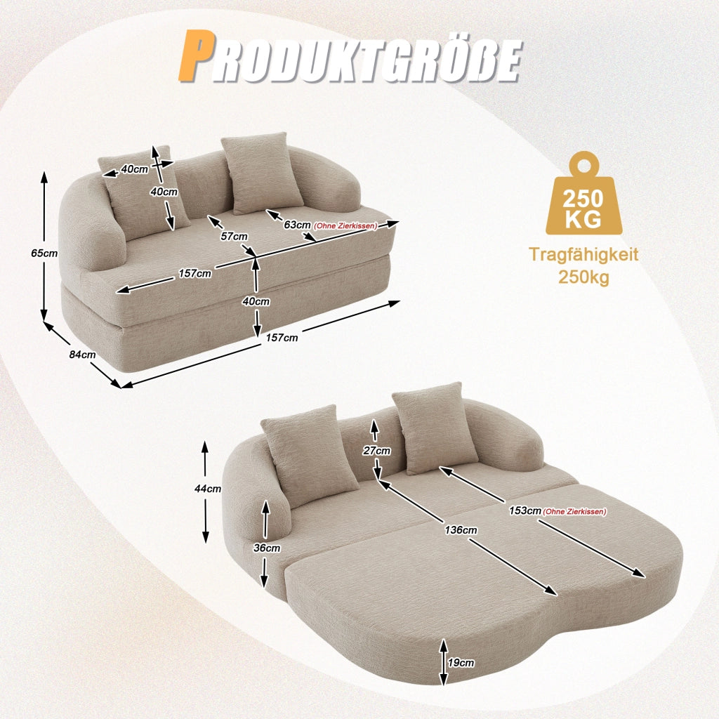 Divano letto convertibile a 2 posti con due cuscini e supporto ergonomico in chenille kaki 157 × 84 × 65 cm