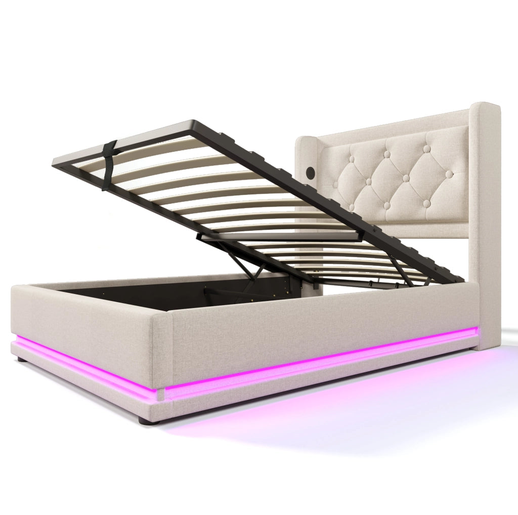 Letto singolo imbottito 90x200 cm beige in cotone con contenitore; USB Type-C e LED