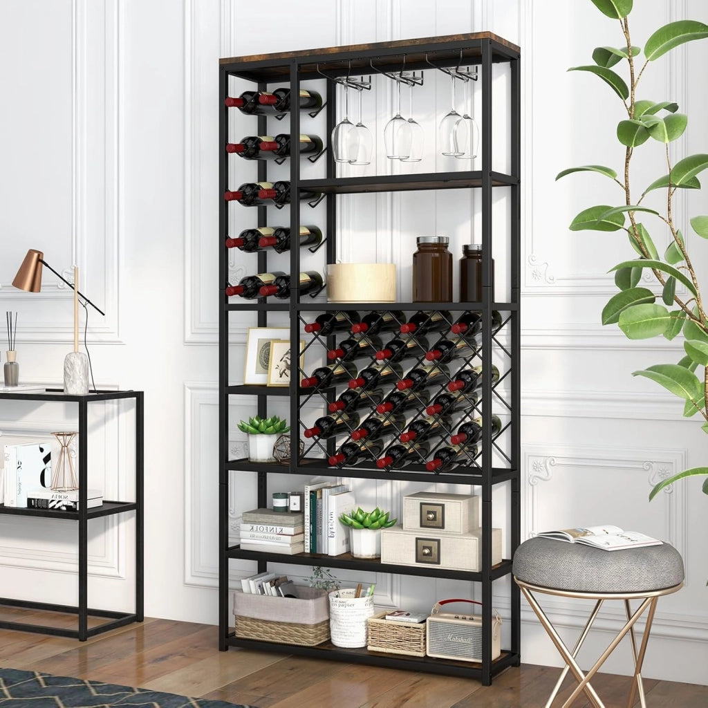 Scaffale da Cucina con 27 Bottiglie, Scaffale per Vino con 7 Livelli di Ripiani e 3 File di Portabicchieri, Scaffalatura in Legno, Mobile Porta Microonde per Sala da Pranzo, 81 x 23 x 166 cm