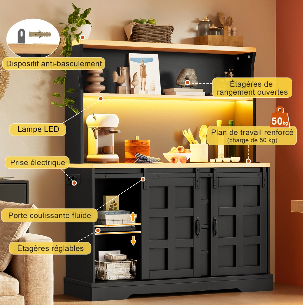 Mobile cucina multifunzione con LED; prese USB e 2 ante scorrevoli; 120x40x150 cm; nero