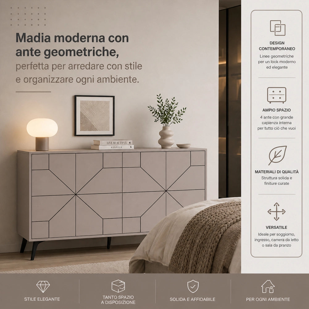 Madia con 4 Ante Credenza Design Geometrico Moderno in Legno 123x77 cm Tortora