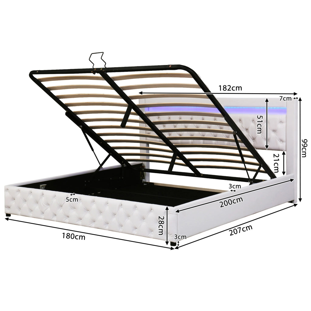 Letto imbottito 180x200 cm con rete a doghe, contenitore e LED