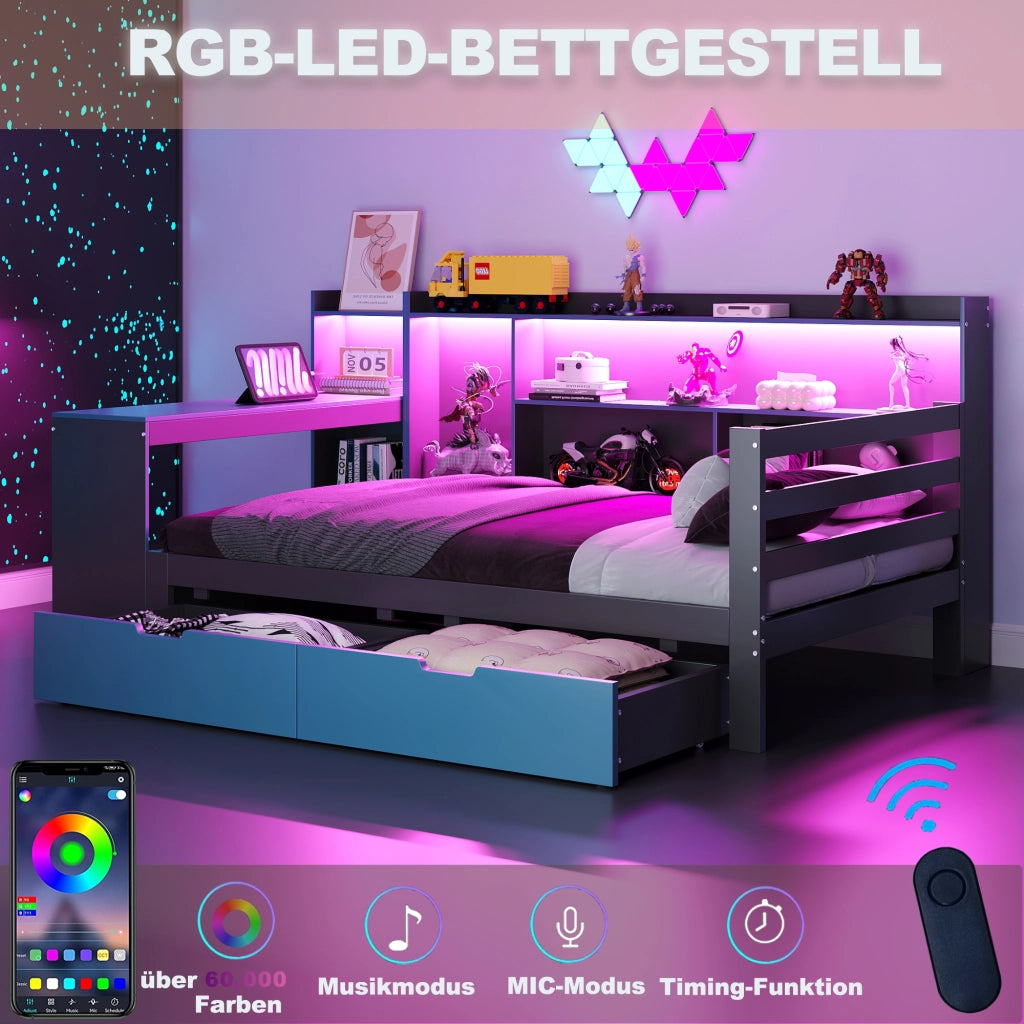 Divano letto in legno 90 x 200 cm nero+blu scrivania libreria deposito LED prese e cassetti multifunzionali
