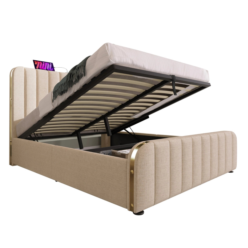 Letto matrimoniale imbottito con contenitore idraulico; USB e Type-C; 140x200 cm; beige