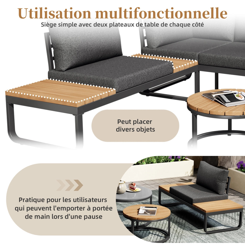 OKWISH Set di 5 mobili da giardino con 2 divani a 2 posti, 1 poltrona con piani laterali e 2 tavolini, Ferro Grigio