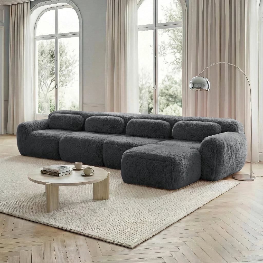 Divano Angolare Modulare 4 Posti con Cuscini; senza Montaggio; Comfort Nuvola; Base Antiscivolo in Peluche Grigio