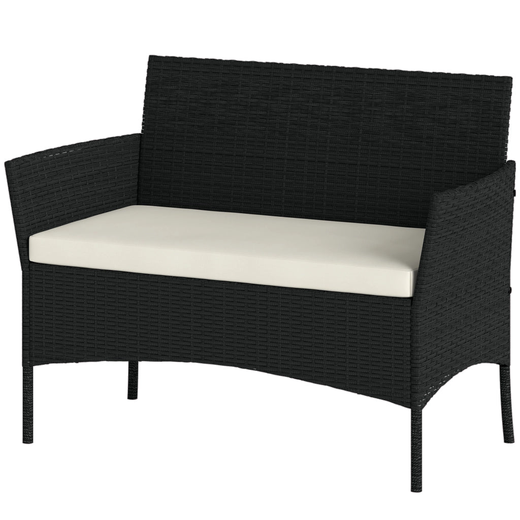 Divano da Giardino a 2 Posti con Cuscino e Braccioli in Rattan PE e Acciaio, 107x55x80cm, Nero