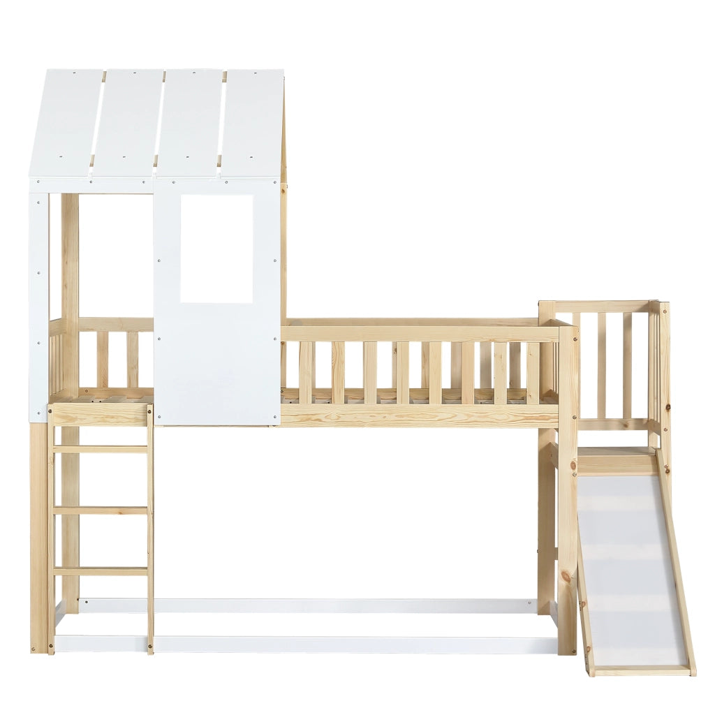 Letto a Castello con Scivolo e Tetto ¨C MINIMAL ¨C Pino Naturale/Bianco, 90x200