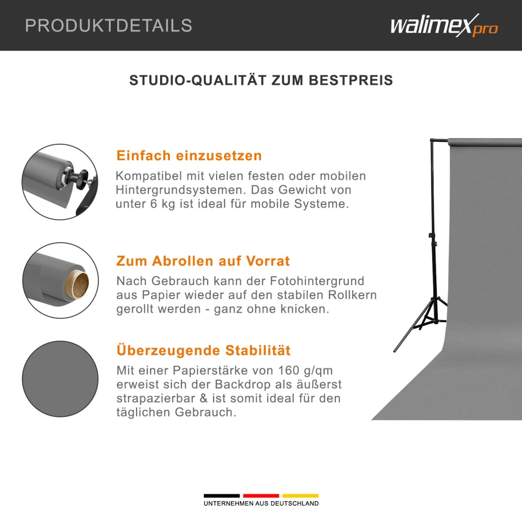 Sfondo fotografico in cartoncino grigio 1,35 x 10 m, Backdrop foto antiriflesso e resistente, per studi fotografici