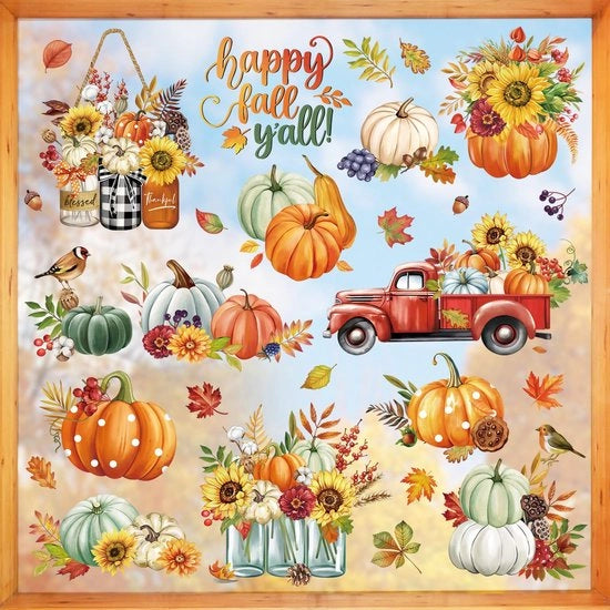 Decal per Finestre Stickers Foglie Gialle Fiori Zucchine Foglie di Acero Fiori del Girasole Camion Antibottura Film per Vetro Decorazione per Finestre Stickers