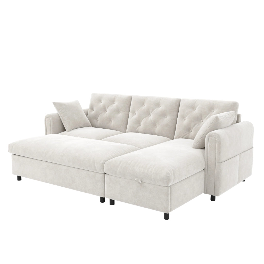 Divano in velluto beige con chaise longue reversibile, pouf contenitore e funzione letto temporanea