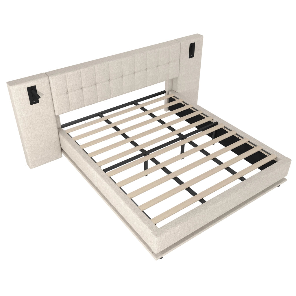 OKWISH Letto Imbottito 180×200 cm, Letto Matrimoniale con LED Regolabile, USB e Lampada da Lettura, senza Materasso, Lino, Beige
