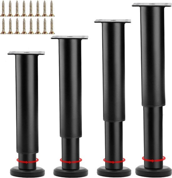 Piedini per mobili regolabili in altezza - Metallo nero - Piedini per mobili - 180-300 mm - Piedini per letto e comodino - Set da 4