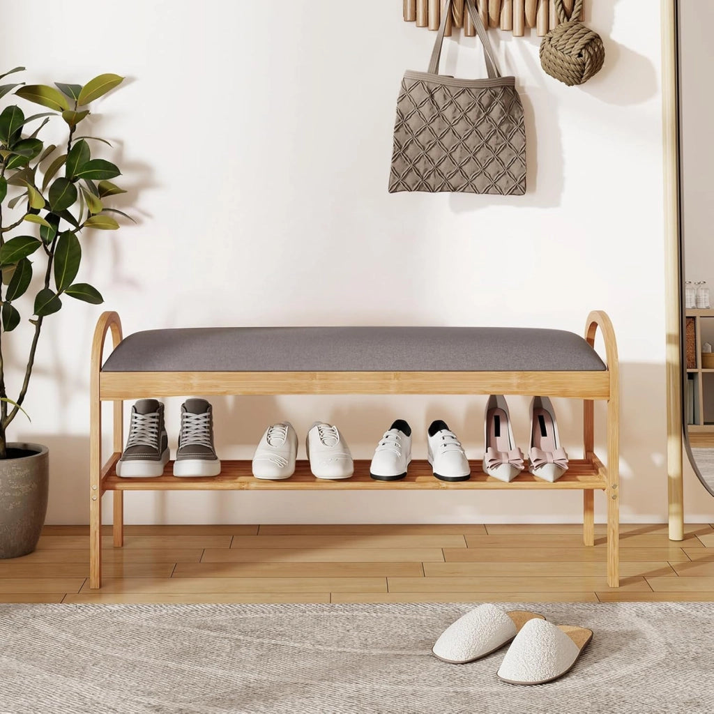 Panca scarpiera in bambù, seduta imbottita e scaffale aperto a doghe, organizer per scarpe, 100,5 x 31 x 51 cm, panca per ingresso, corridoio, camera da letto